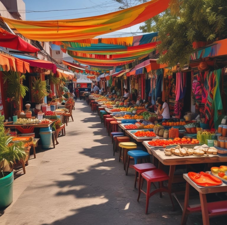 Colorful Mexican market bustling with locals and vibrant textiles under bright sunlight.