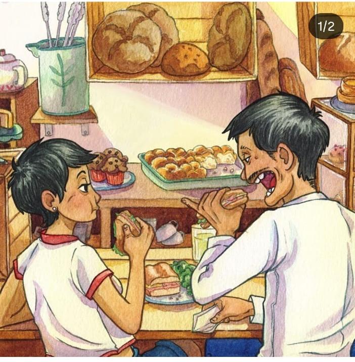 cafeteria en acuarela, papa e hija sentados comiendo
