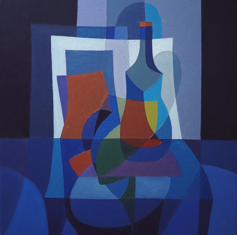 Abstract cubist oil painting of a blue bottle still life with geometric shapes.