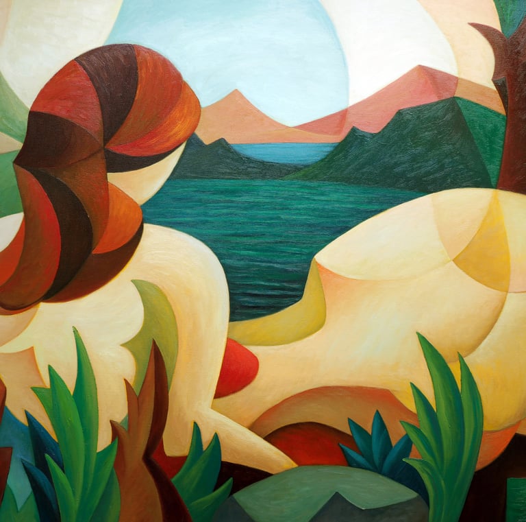 Abstract cubist oil painting of a woman looking at a mountain lake landscape with vibrant earth tones.