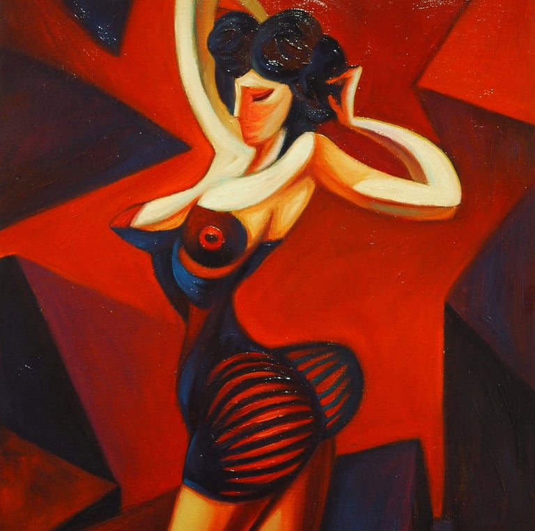 Abstract expressionist oil painting of a female figure in a black dress against a bold red background.