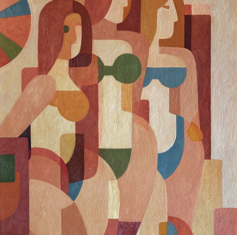 Abstract cubist oil painting of three women in bikinis at a beach using geometric shapes and warm earth tones.