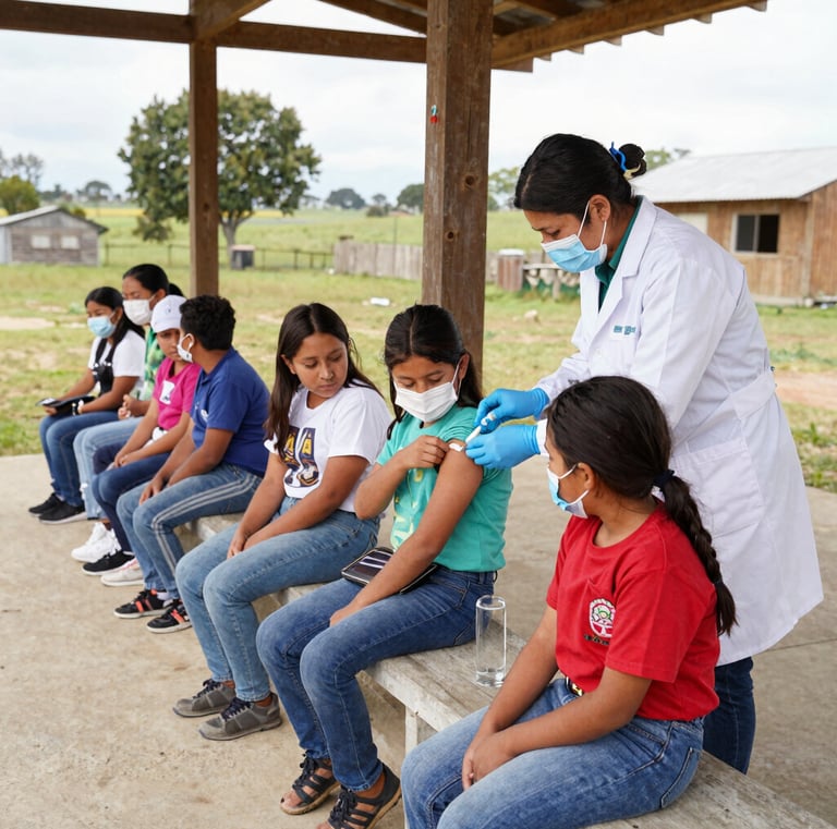 Children receiving health education materials in a local school setting.