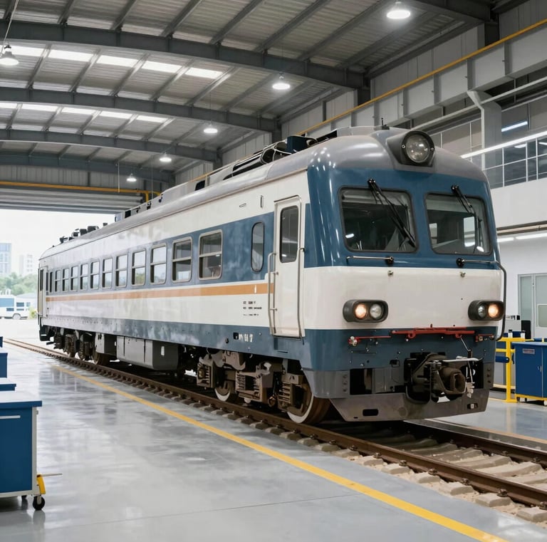 Engineers inspecting a polished steel railway carriage under bright industrial lighting.
