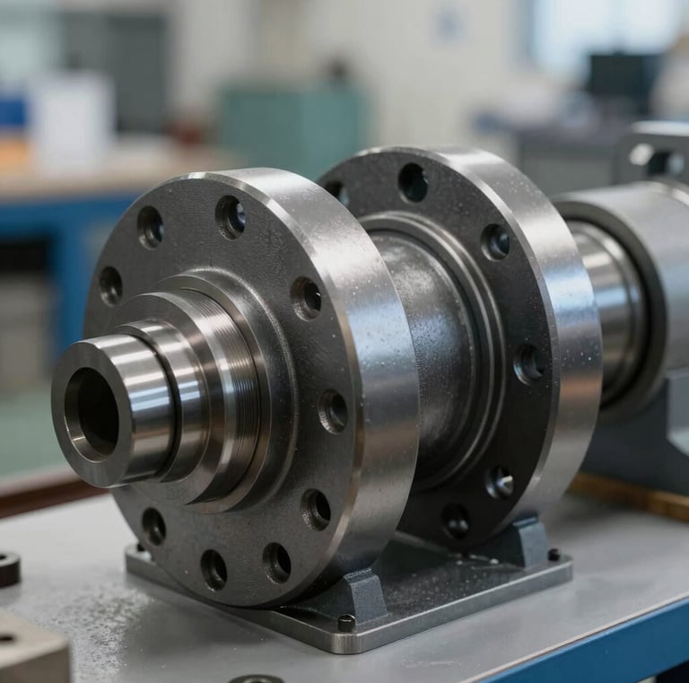 Close-up of a sleek, modern tram wheel assembly in a high-tech workshop.