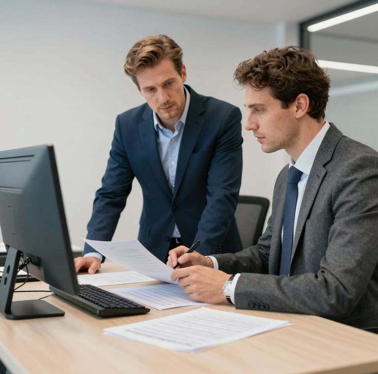 Team of engineers collaborating over blueprints in a clean, modern office space.