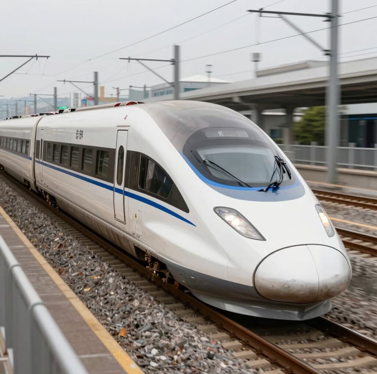 A modern electric train gliding along a curved track surrounded by lush greenery.