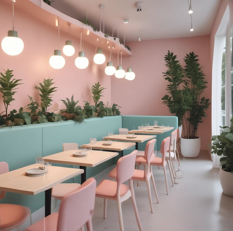 Open-plan residential area with sophisticated typography elements and muted pastel palette.