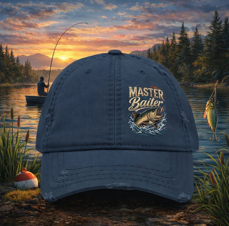 Navy blue distressed fishing hat with a bass fish graphic on a lake background at sunset.