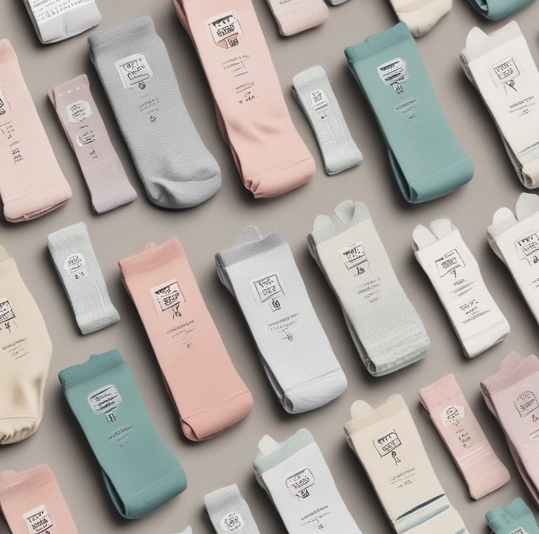 Set of textile industry product labels printed on thick paper sheets.