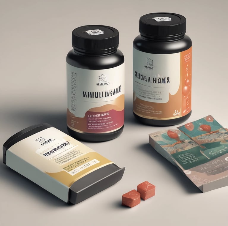 Array of various printed labels and packaging samples laid out on a table.