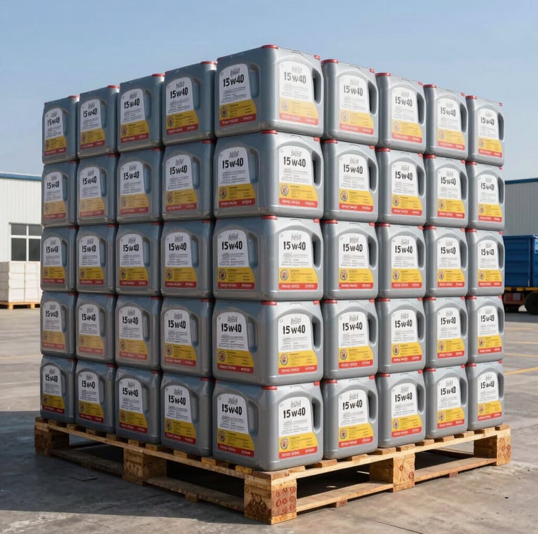 Stacked boxes labeled with different categories of diesel machine parts ready for shipment