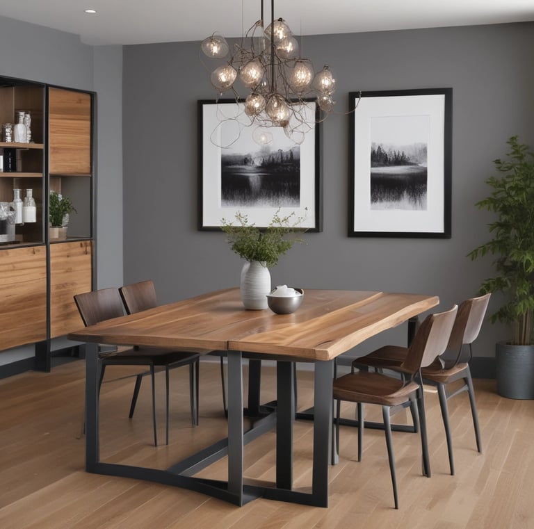 Metal and wood industrial furniture designed for office use.