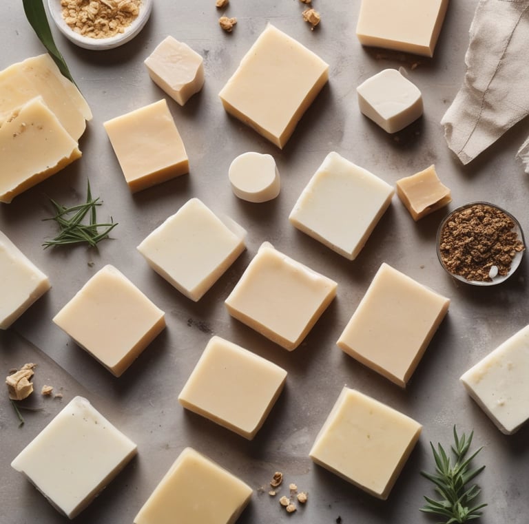 Brightly lit scene of colorful natural soap bars stacked neatly on a linen cloth.