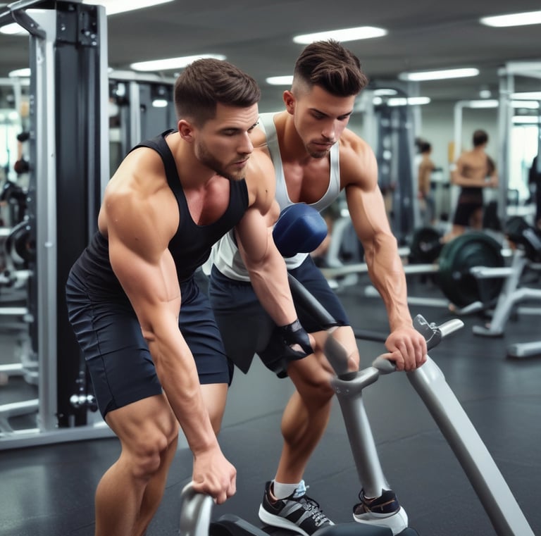 A male trainer guiding a client through a dynamic exercise routine.