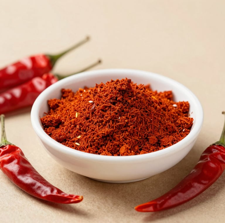 Close-up of colorful chili powders in rustic bowls on a wooden table.
