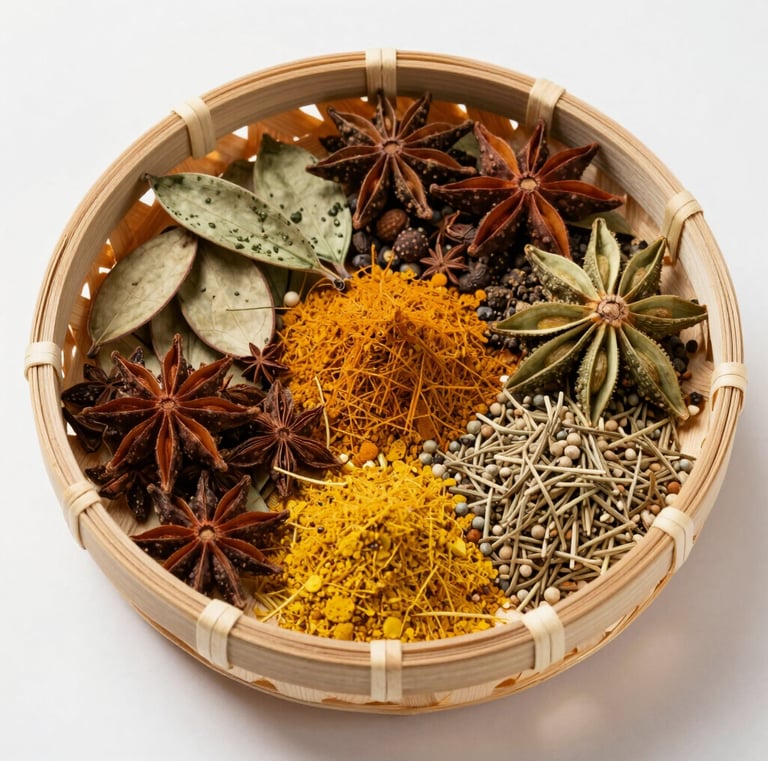 Fresh herbs and whole spices spread out on a kitchen counter ready for blending.