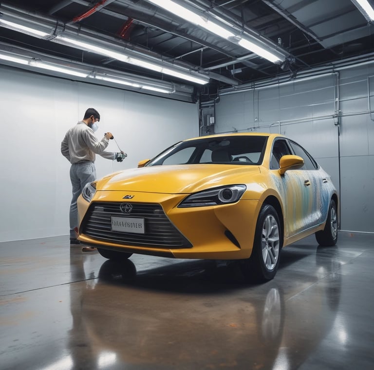 Workshop scene showing a technician applying primer on a car door.