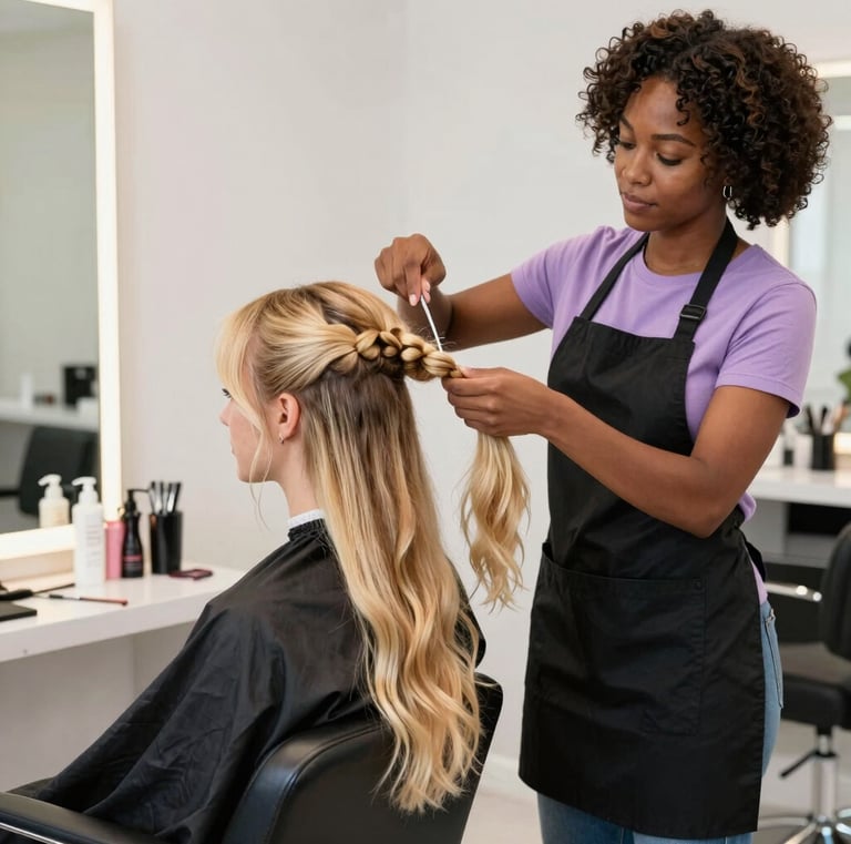 Close-up of a stylist gently braiding lush afro hair in a warm, elegant salon setting.