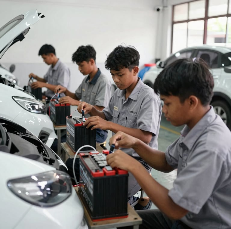Students working together on an electric motor project in the automotive workshop