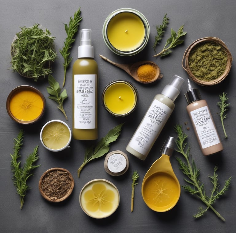 A vibrant display of herbal skin and hair products arranged with fresh flowers.