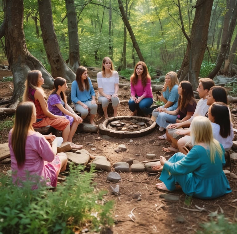 Women gathered in a circle, sharing shamanic healing rituals under soft candlelight.