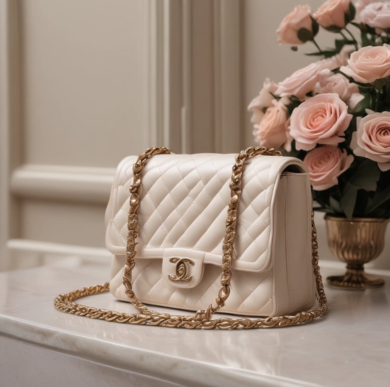 Close-up of a gold-accented designer handbag resting on a soft ivory fabric.