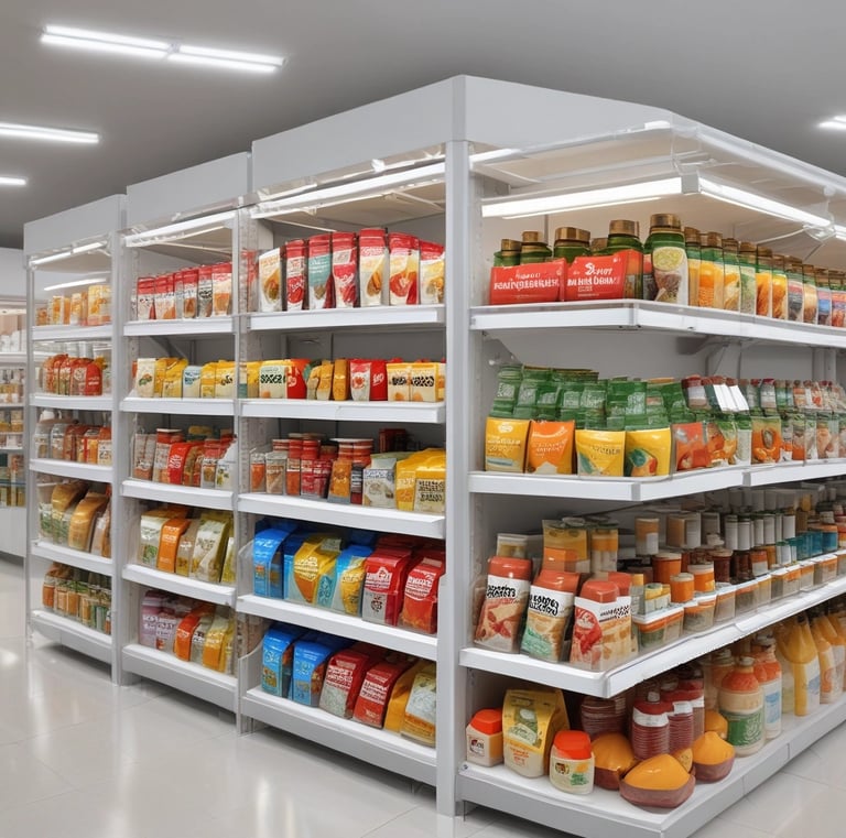 A variety of packaging options displayed in a bright showroom setting.