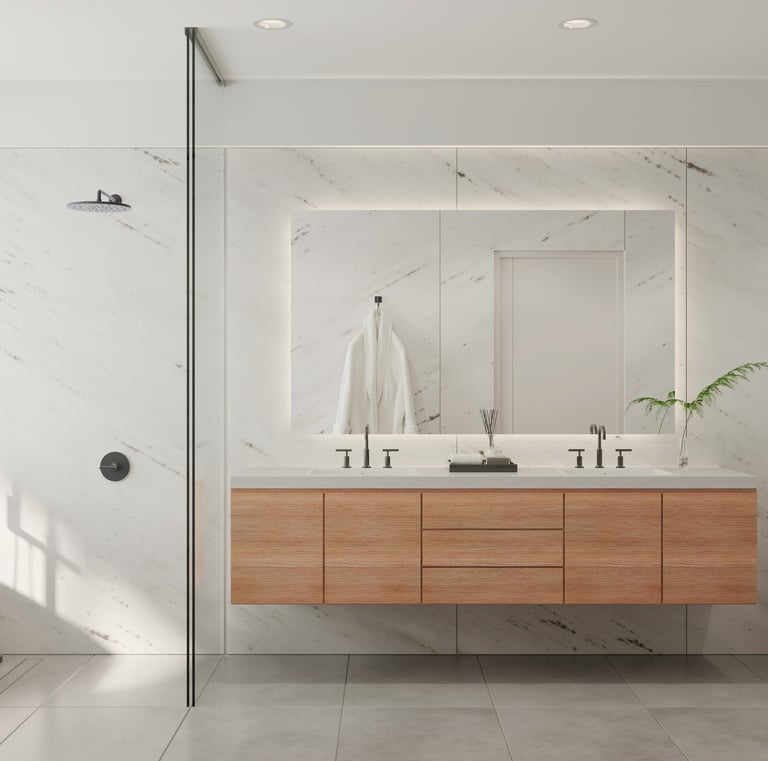 Minimalist white bathroom with freestanding bath and double vanity