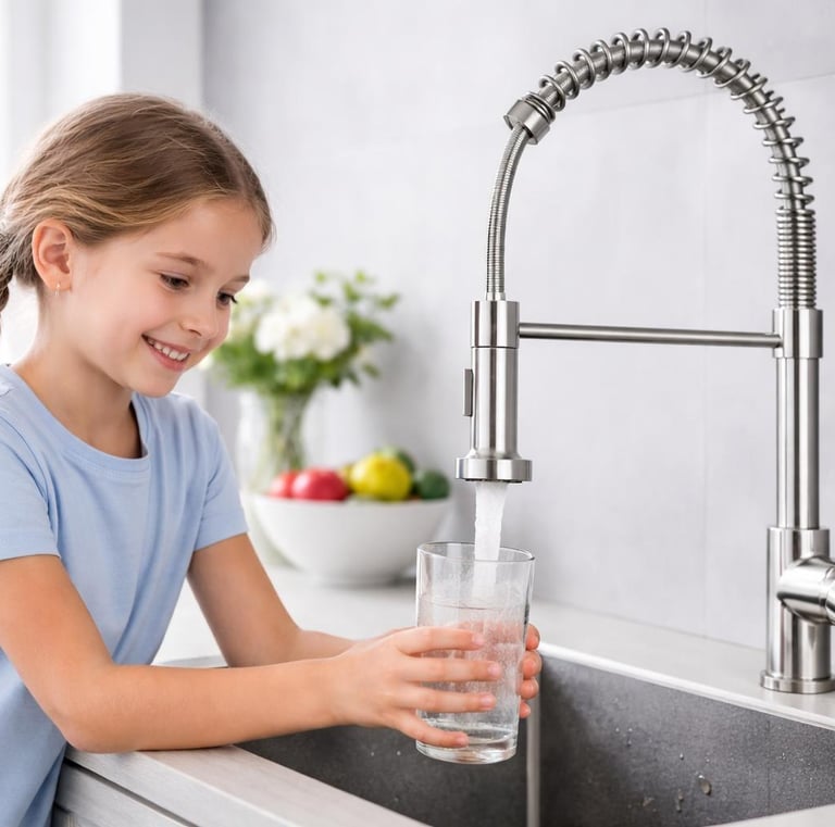 Happy girl drinking water from new pull-out kitchen faucet