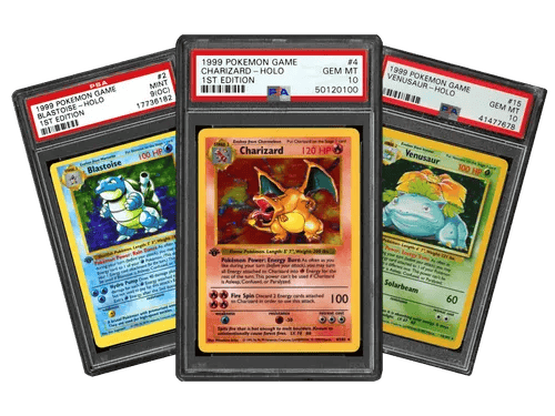 Graded 1st Edition Charizard, Blastoise, and Venusaur hologram Pokemon cards in PSA slabs.