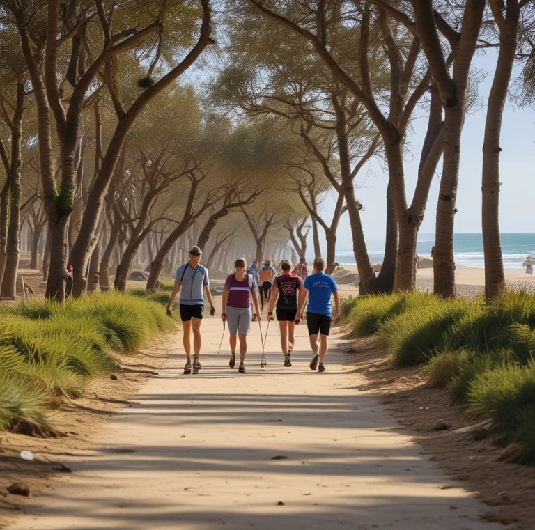 Sara demonstrating proper Nordic walking technique with a backdrop of coastal dunes.
