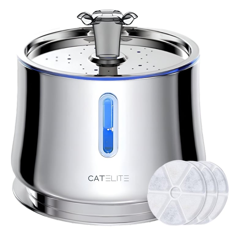 RVS CatElite drinkfontein Mist met een blauw verlichte waterniveau-indicator en ronde filters.