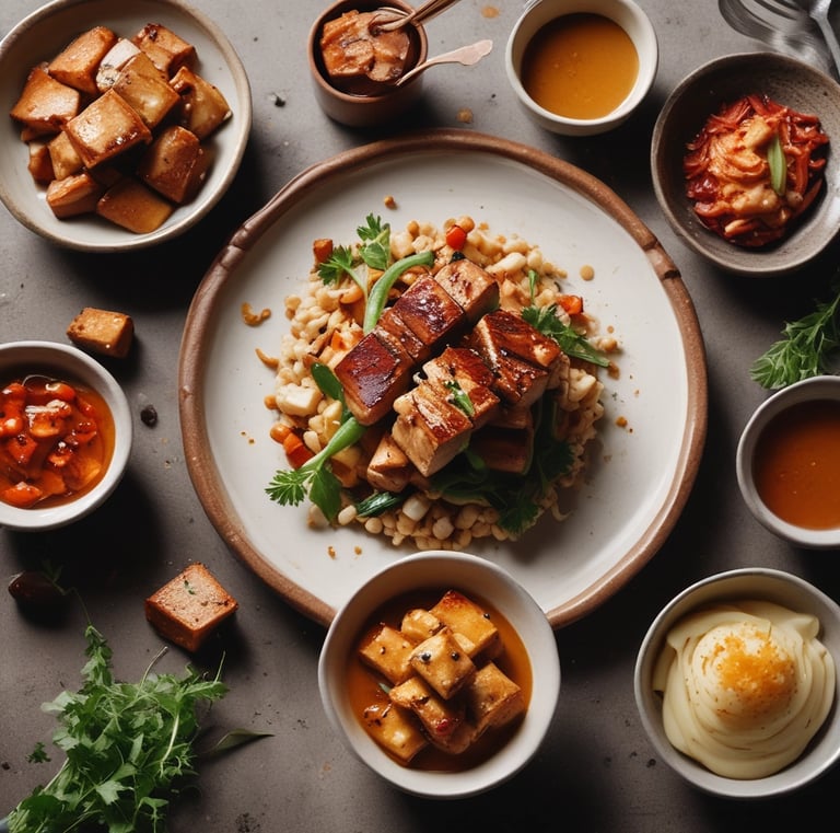 A colorful spread of plant-based protein snacks arranged on a wooden board.