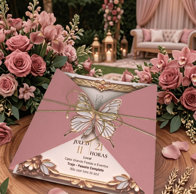 Elegant pink wedding invitation with a butterfly laser cut design on a wooden table with roses.