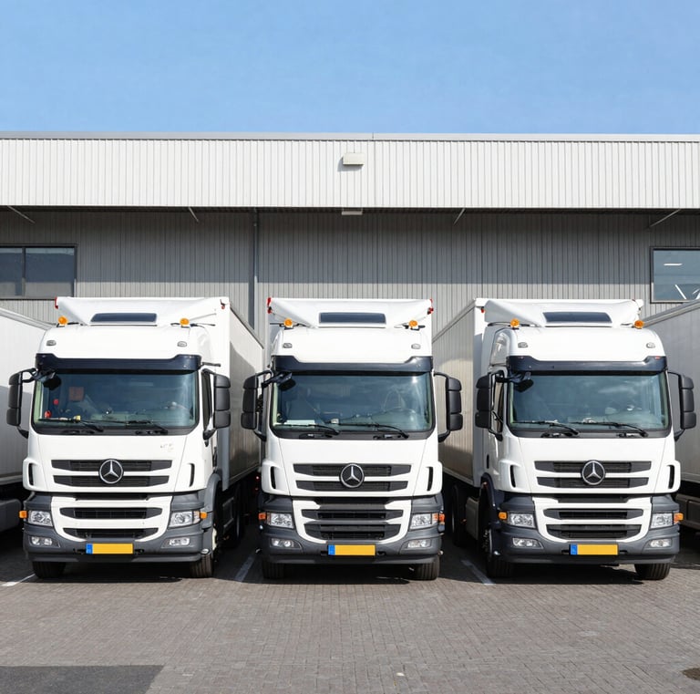 Modern trucks lined up outside the logistics facility ready for distribution across Europe.