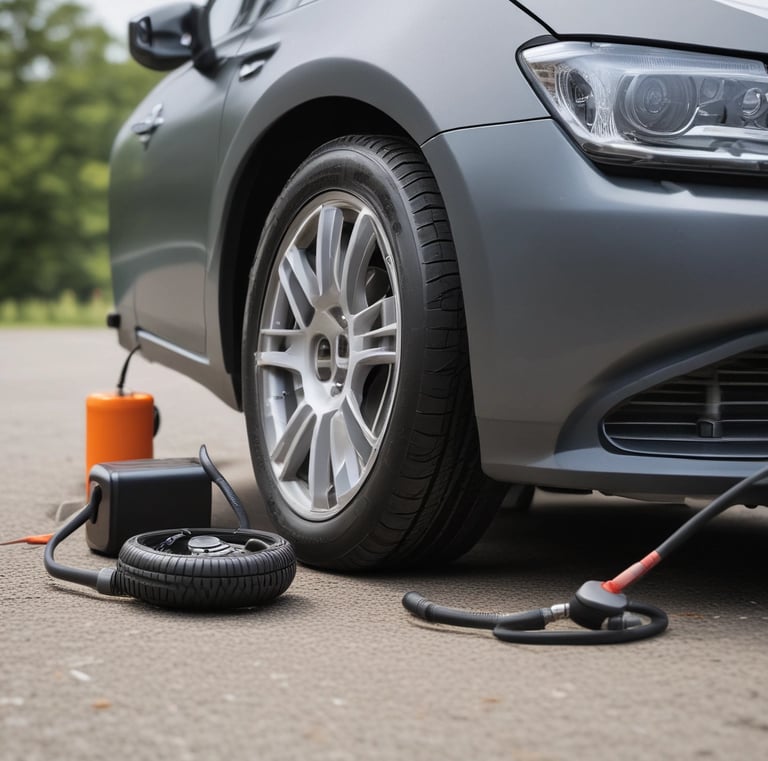 A stylish AfriJump tire inflator connected to a rugged SUV tire on a dusty road.