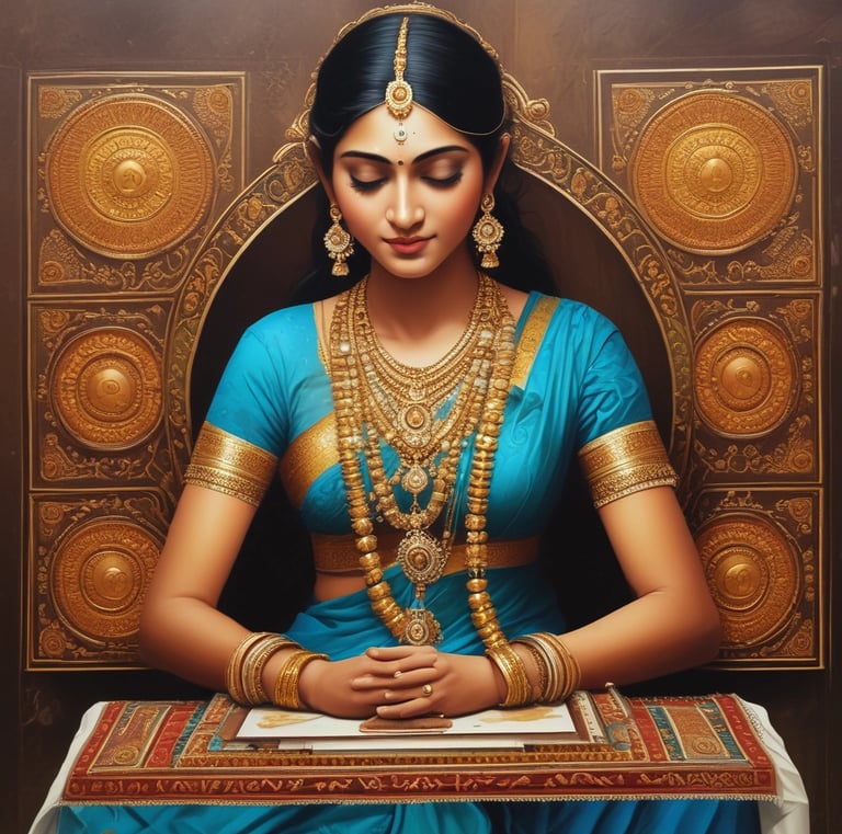 Close-up of a vibrant Tanjore painting of Lord Ganesha adorned with 22k gold foil.