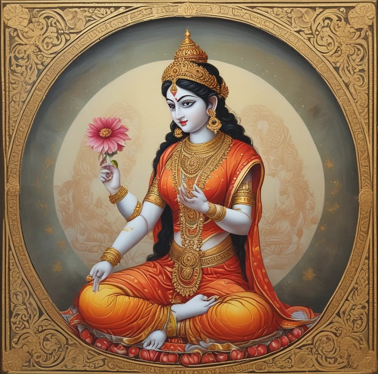 Traditional Tanjore depiction of Lord Krishna playing the flute, glowing with gold accents.