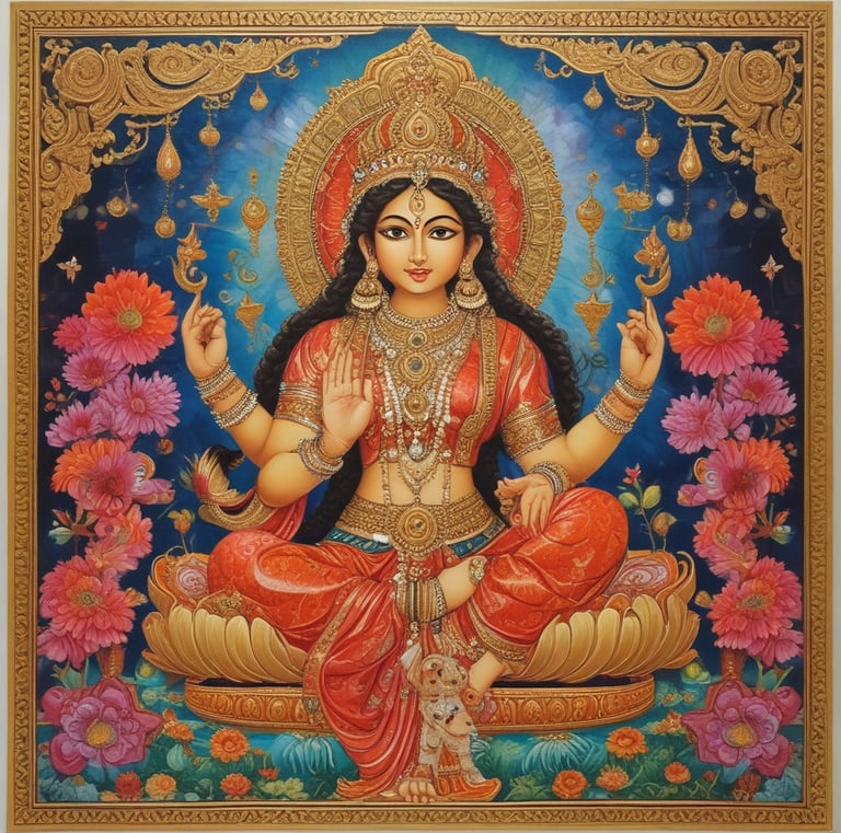 A radiant Tanjore painting of Goddess Lakshmi adorned with gold foil and bright colors.