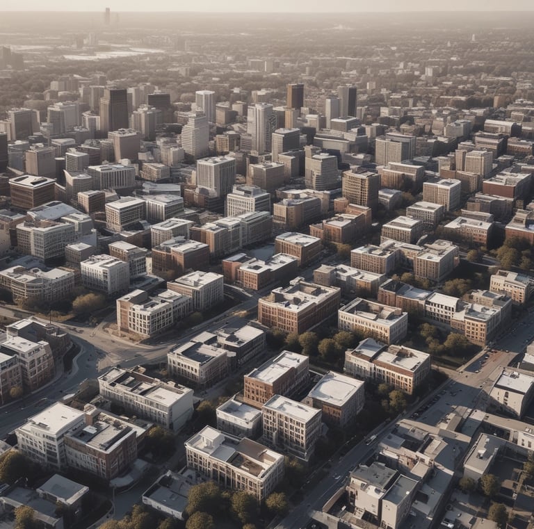 Aerial view of a commercial district showing a blend of new construction and established buildings.