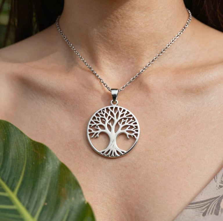 Soft natural light illuminating a silver necklace with jade accents on a dark green background.