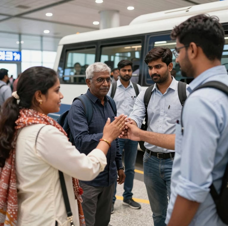 A smiling Indian student holding a UK study visa outside a university campus.