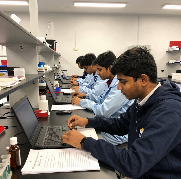 An Indian student with a backpack walking confidently on a vibrant university street.