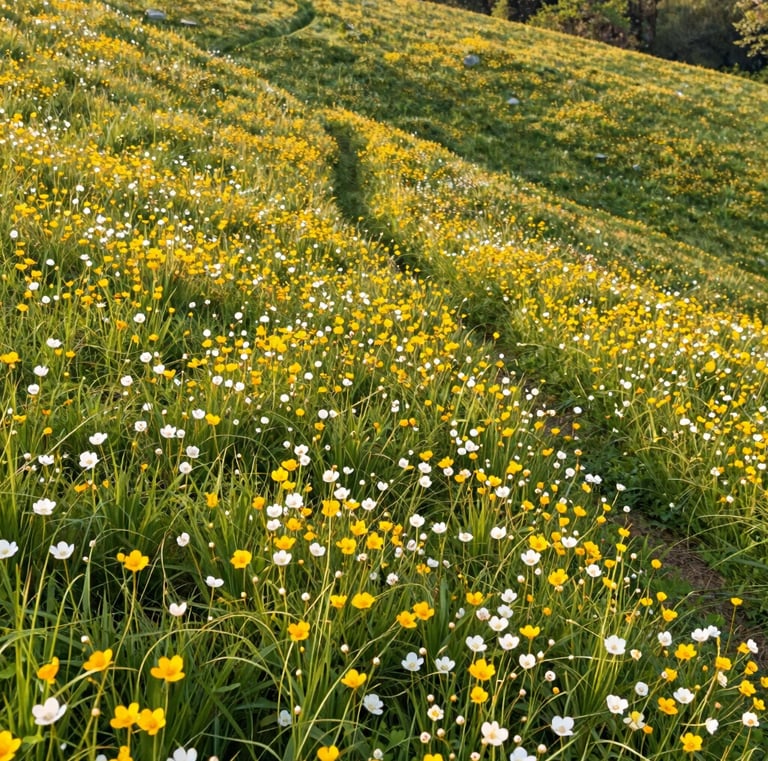 Field of white flowers with a winding path