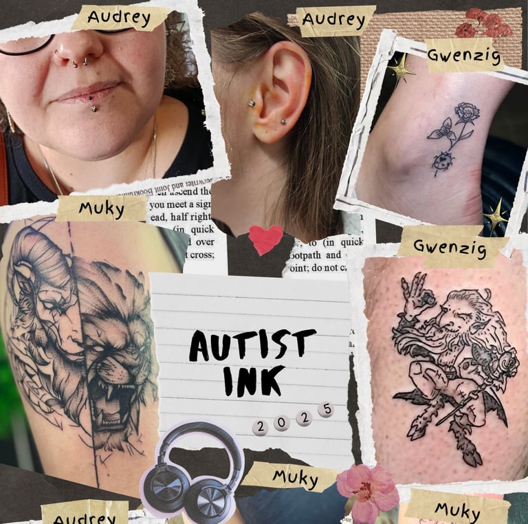 a collage of tattoos on a woman's and piercing