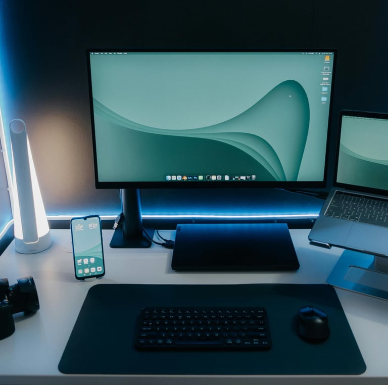 a desk with a laptop and a monitor screen