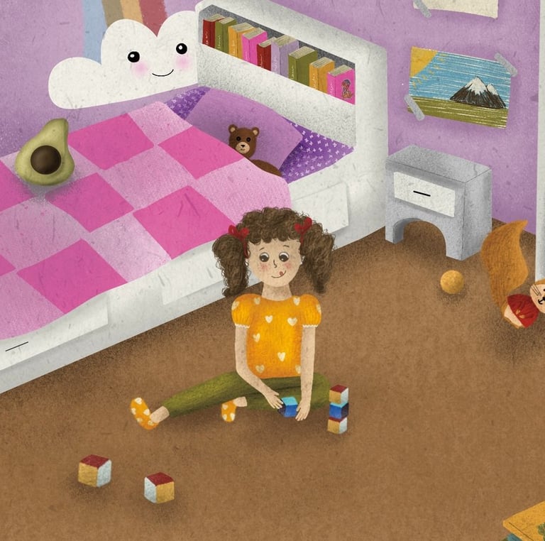 a child's room with a bed and a toy
