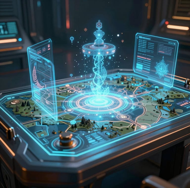 Futuristic 3D holographic tactical map glowing on a digital command center table for strategic planning.