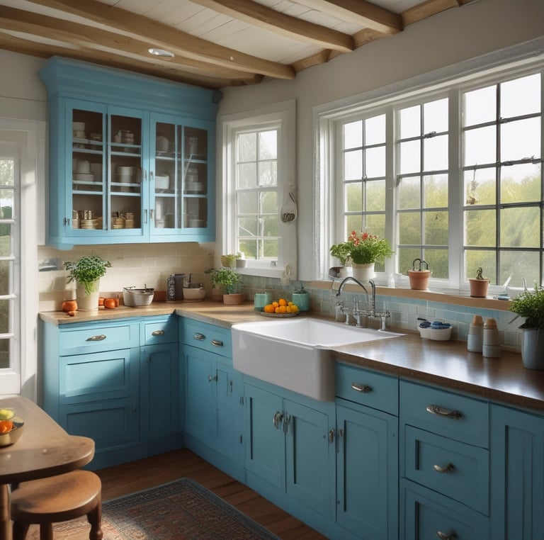 A cozy kitchen corner featuring wooden beams, stone accents, and earthy-toned kitchen essentials arranged invitingly.